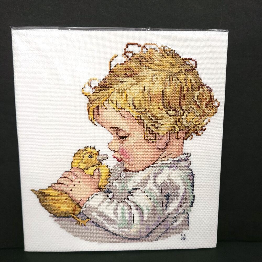 Handmade Cross Stitch Blond Baby Boy Holding Duckling Nursery Needlework Art